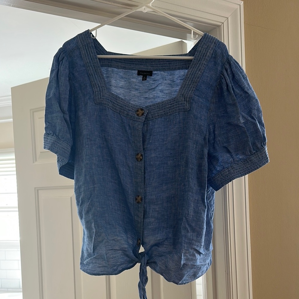 Talbots Linen Blue Puff Sleeve Blouse with Tie Front
